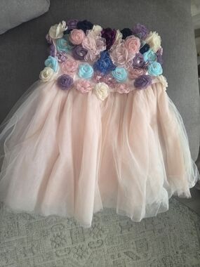Blush Pink Tulle Dress with Multicolor Floral Appliqué
